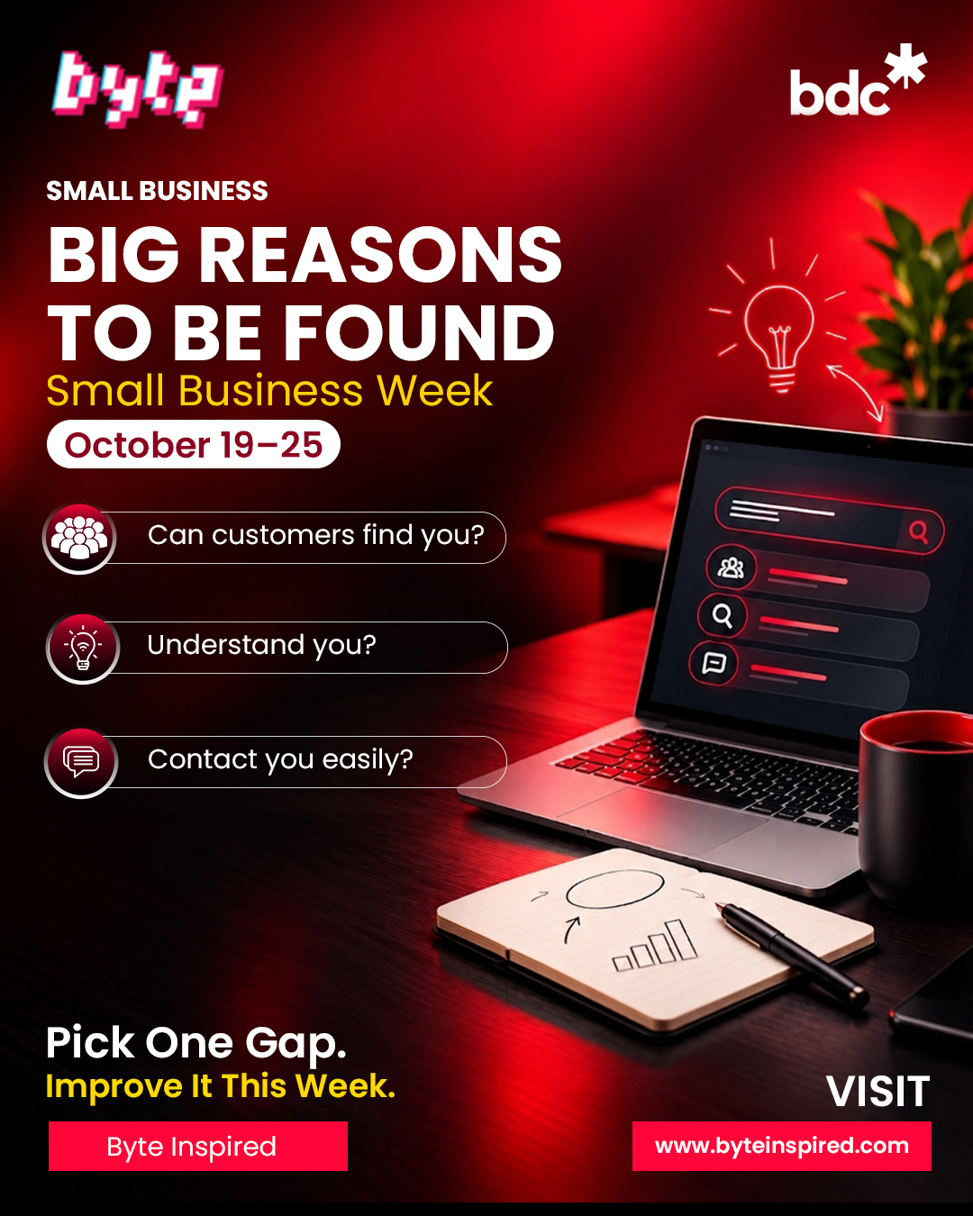 Canadian small businesses bring ideas, jobs and character to their communities. During Small Business Week, give your own business a few minutes of customer-perspective attention.

Search for it as a new customer would. Read the first page they are likely to visit. Try the enquiry process on your phone.
If the experience raises a question, start there. One clear improvement is a practical way to turn this week’s reflection into action.

Here’s to the people building businesses across Canada, one decision at a time.

#SmallBusinessWeek #CanadianEntrepreneurs #DigitalMarketing #ByteInspired